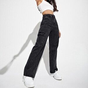 Black Casual Womens High Waist Flap Pocket Side Cargo Jeans